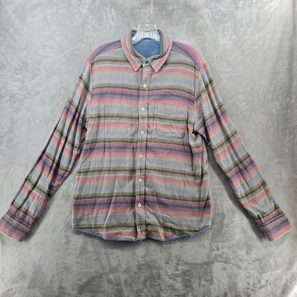 Faherty‎ Reversible Flannel Shirt Mens Medium Blue Striped Double Cloth Button